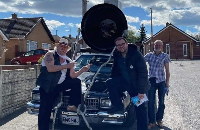 Mark Fletcher MP with Joilet Jake Blues and his famous car whilst out canvassing